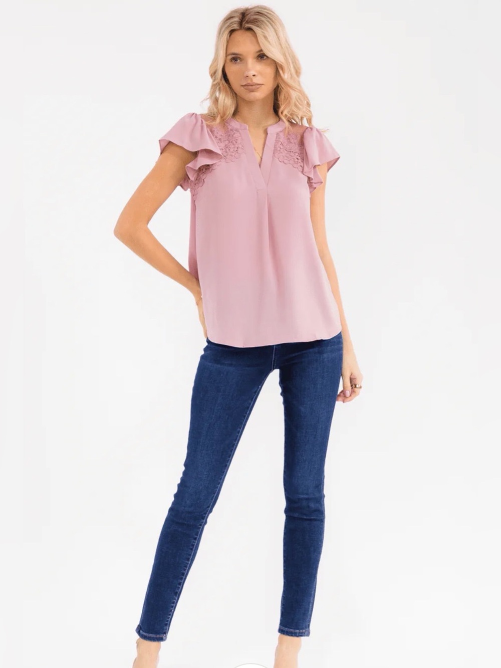Lace Flutter Sleeve Blouse - Dusty Rose - Picture 4 of 5